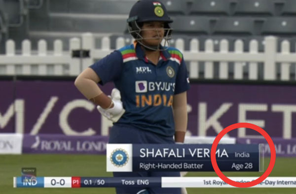Shafali Verma's age shown "28" on LIVE Tv. PC: Screengrab