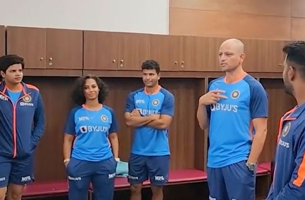 Hrishikesh Kanitkar addresses Team India after 2nd T20I Win. PC: BCCIWomen