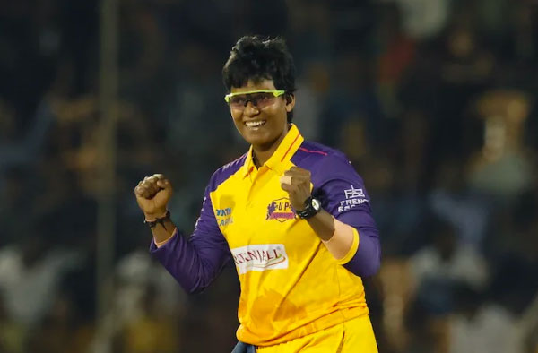 Deepti Sharma celebrating a wicket during WPL for UP Warriorz. PC: Getty
